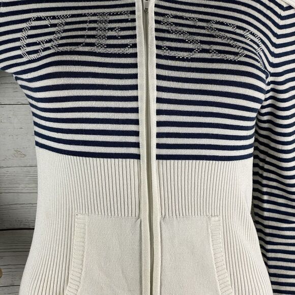 Guess Sweater Jacket Juniors Medium Black White Striped Rhinestone Logo Full Zip - Picture 7 of 12